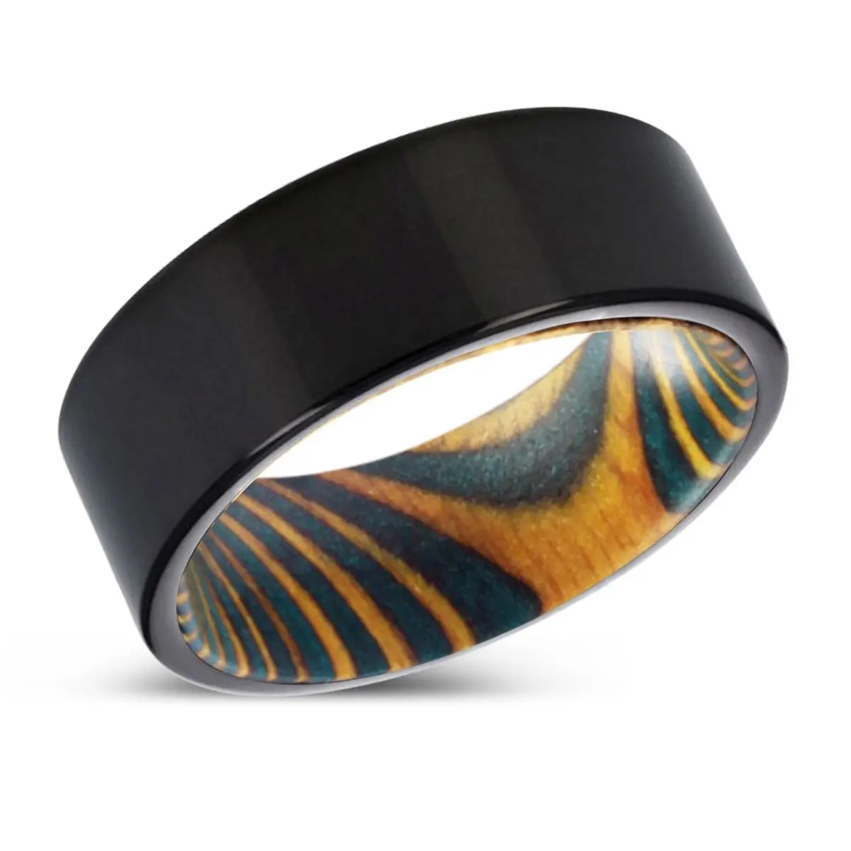 Elektra | Green & Yellow Wood, Black Tungsten Ring, Shiny, Flat 2