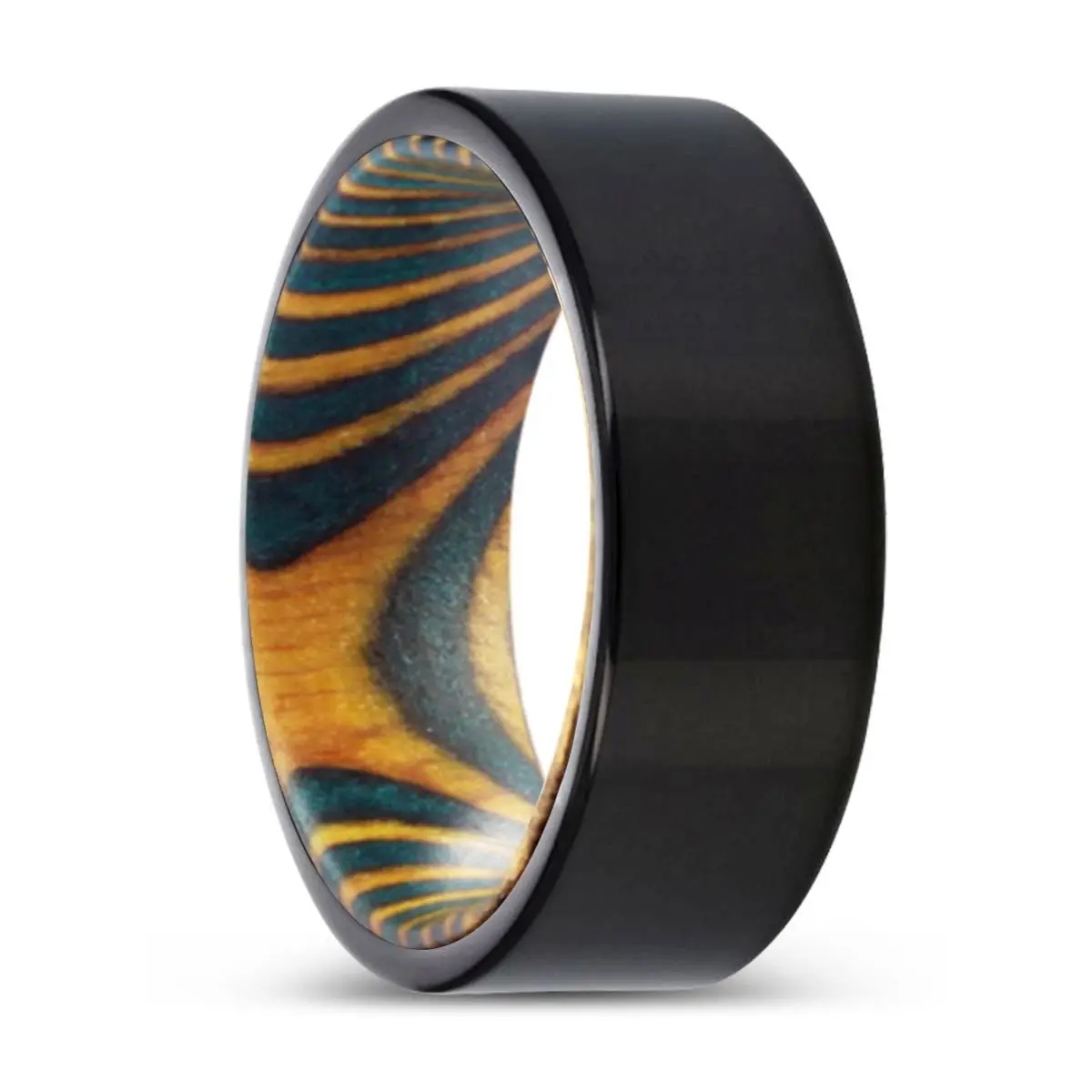 Elektra | Green & Yellow Wood, Black Tungsten Ring, Shiny, Flat 1