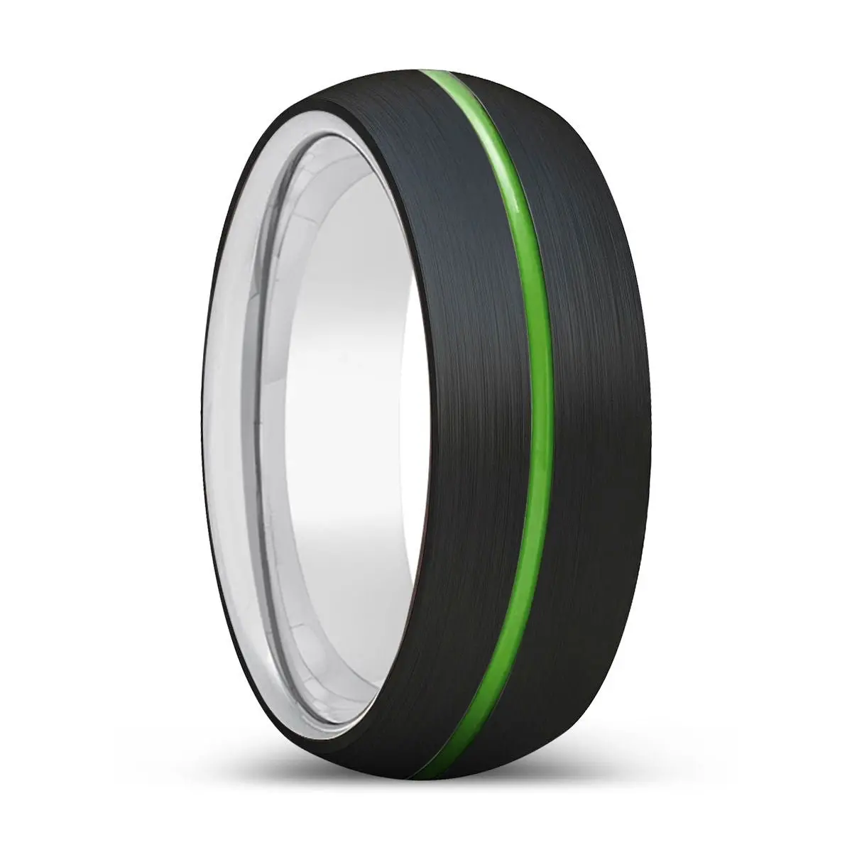 Elemence | Silver Ring, Black Tungsten Ring, Green Groove, Domed 1