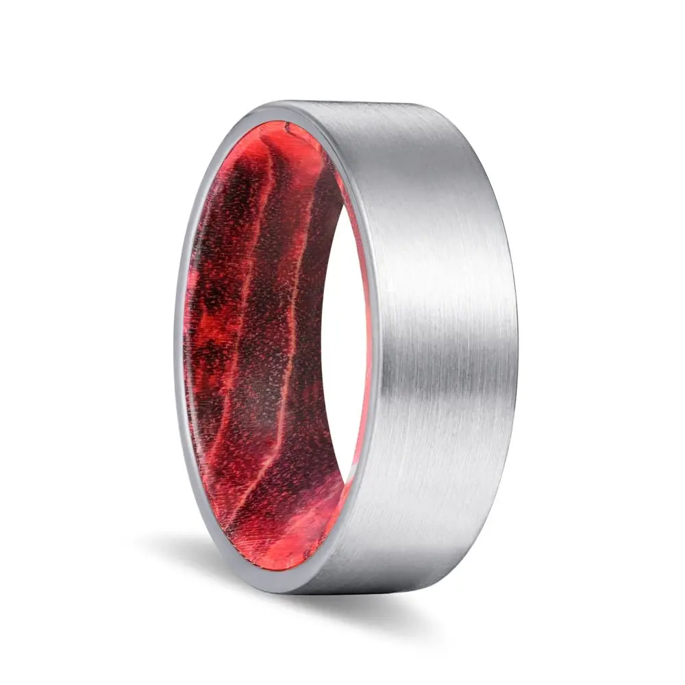 Element | Black & Red Wood, Silver Tungsten Ring, Brushed, Flat 1