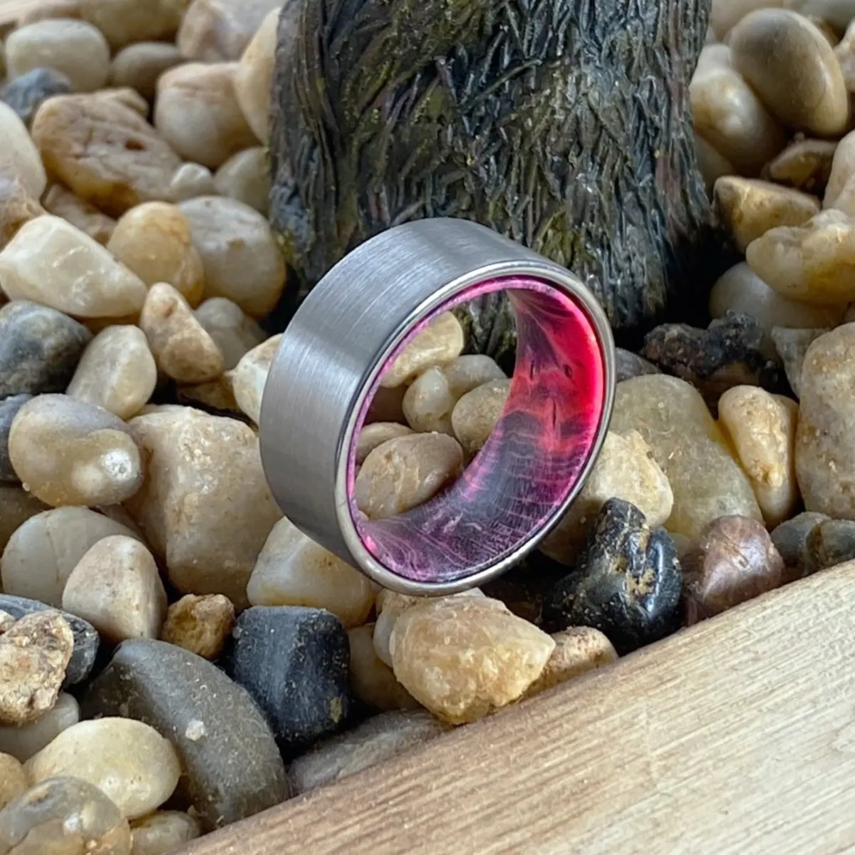 Element | Black & Red Wood, Silver Tungsten Ring, Brushed, Flat 6