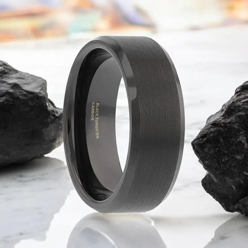 Elise | Black Tungsten Ring, Brushed Center, Beveled 1