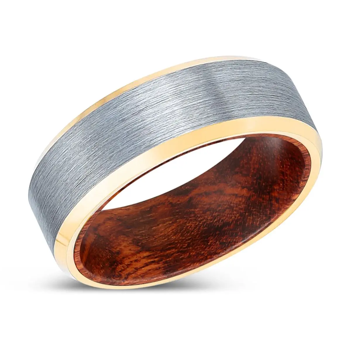 Elmtooth | Snake Wood, Brushed, Silver Tungsten Ring, Gold Beveled Edges 2