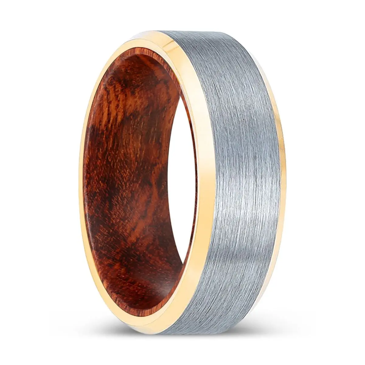 Elmtooth | Snake Wood, Brushed, Silver Tungsten Ring, Gold Beveled Edges 1