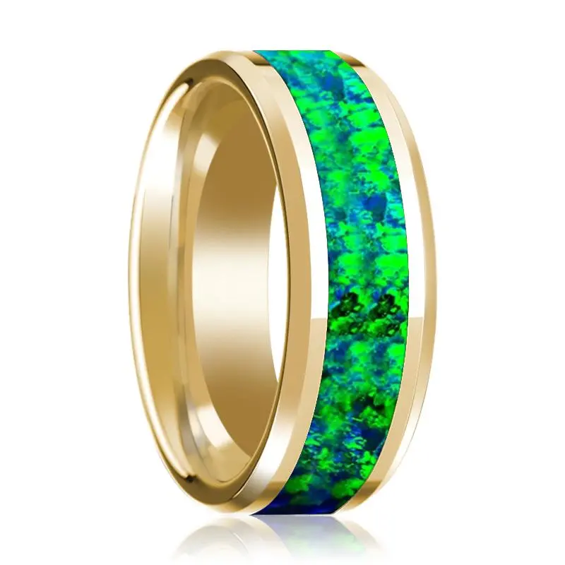 Emerald Green And Sapphire Blue Opal Inlaid Men's 14K Yellow Gold Wedding Band With Bevels - 8Mm 1