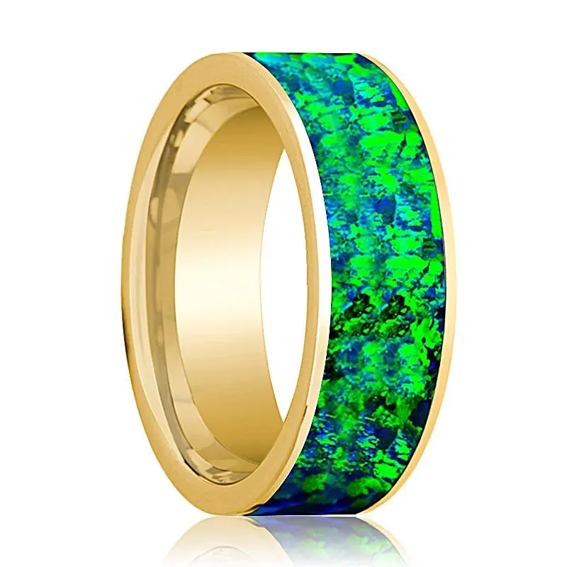 Emerald Green And Sapphire Blue Opal Inlay Men's 14K Yellow Gold Flat Wedding Band Polished 1