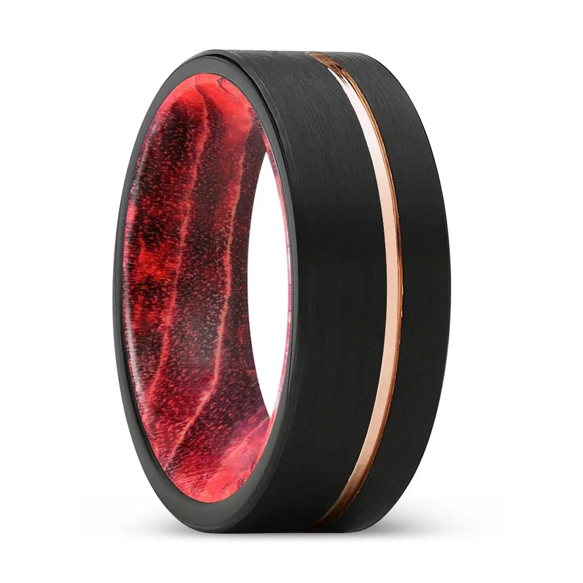 Emerson | Black & Red Wood, Black Tungsten Ring, Rose Gold Offset Groove, Brushed, Flat 1