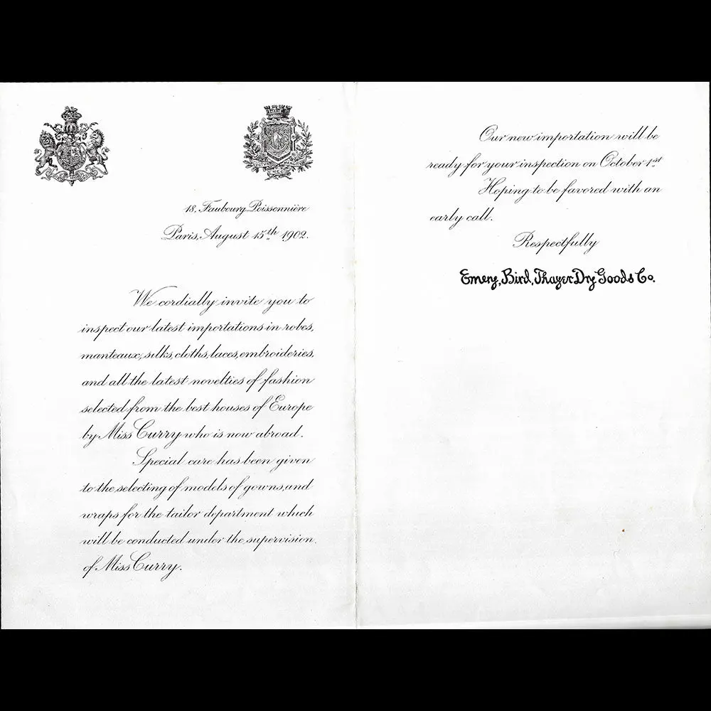 Emery, Bird, Thayer & Company - Lettre Annonçant La Sélection De Modèles De Paris (1902) 1