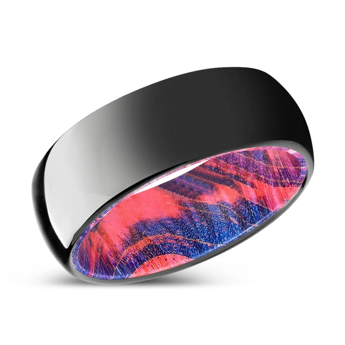 Enclave | Blue & Red Wood, Black Tungsten Ring, Shiny, Domed 2