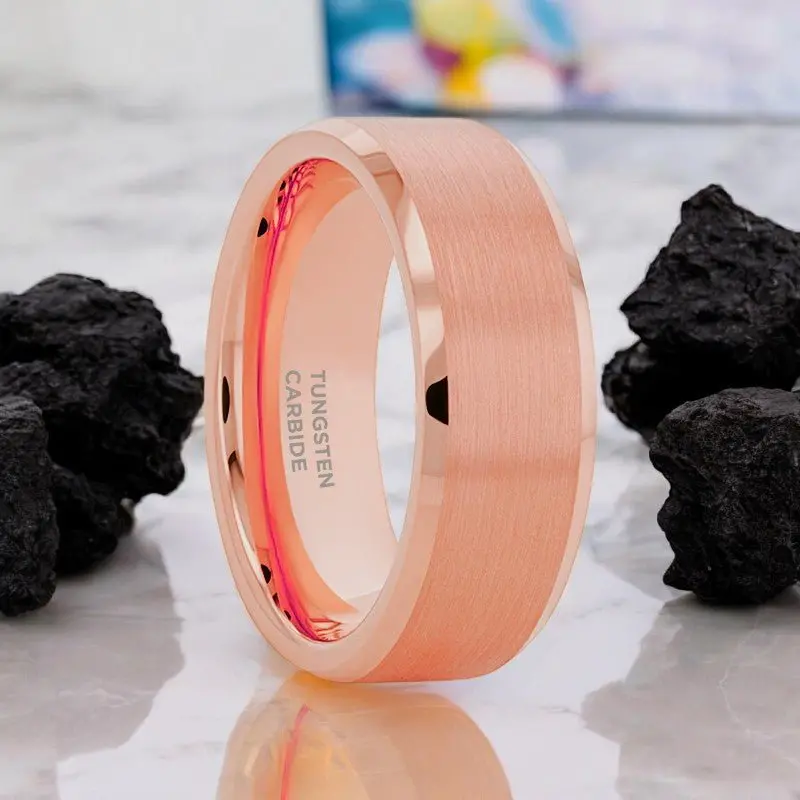 Eros | Rose Gold Tungsten Ring, Brushed Center, Beveled 1