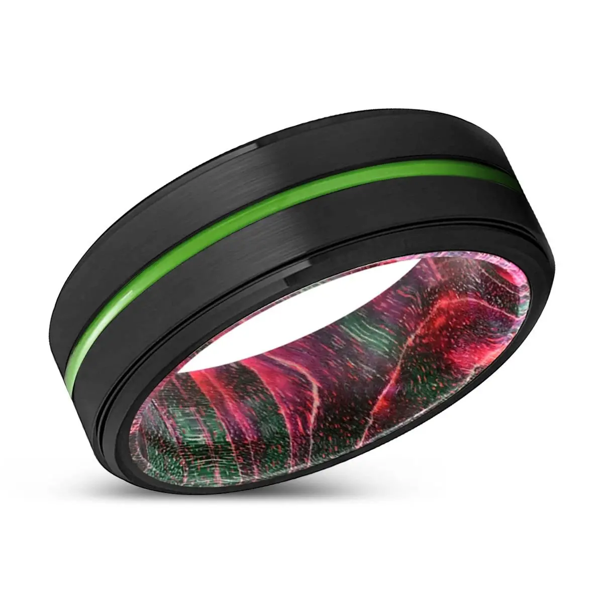 Escondido | Green & Red Wood, Black Tungsten Ring, Green Groove, Stepped Edge 2