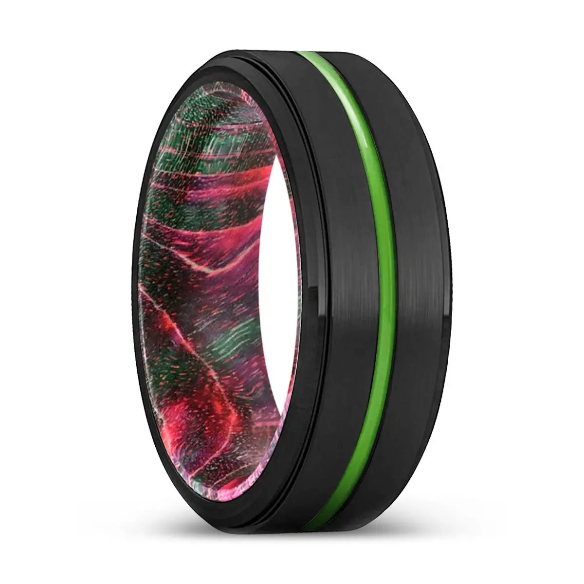 Escondido | Green & Red Wood, Black Tungsten Ring, Green Groove, Stepped Edge 1