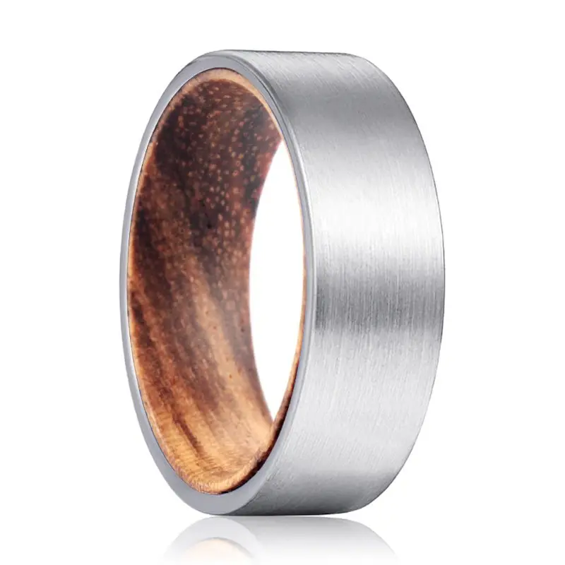 Escott | Zebra Wood, Silver Tungsten Ring, Brushed, Flat 1