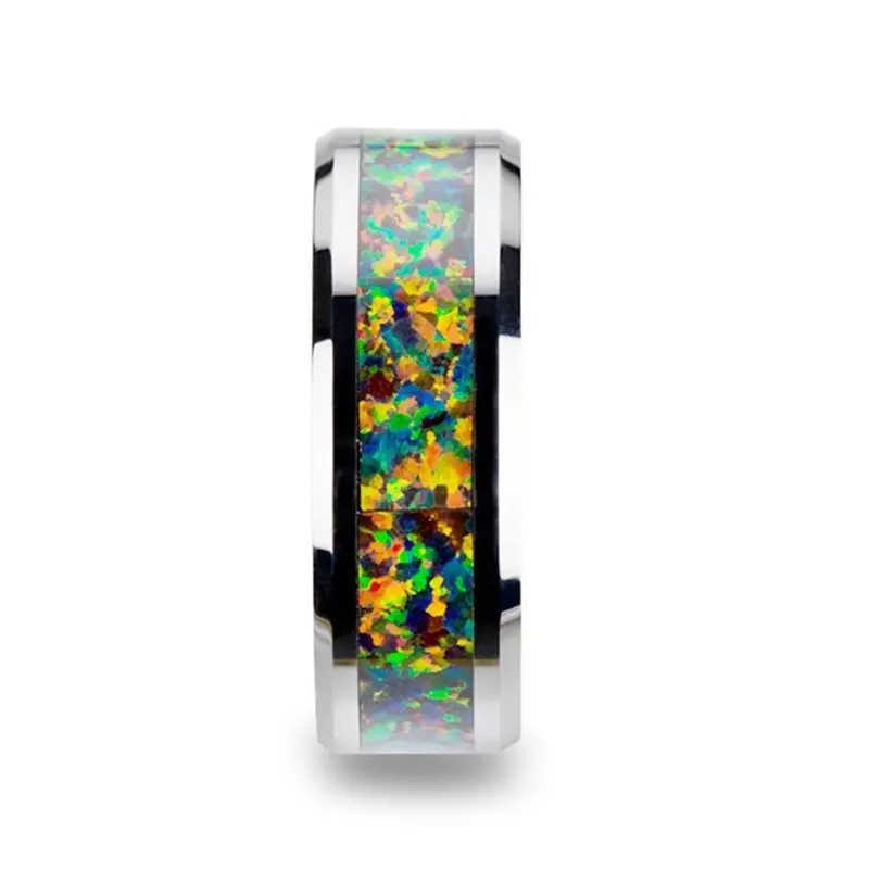 Ethereal | Tungsten Ring Blue & Orange Opal Inlay 2