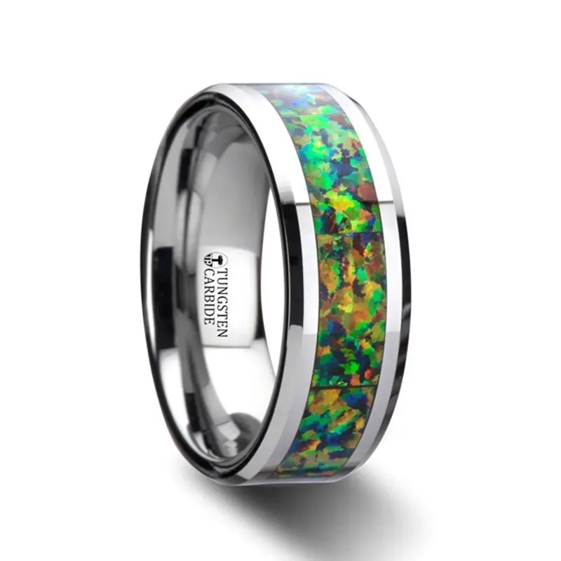 Ethereal | Tungsten Ring Blue & Orange Opal Inlay 1