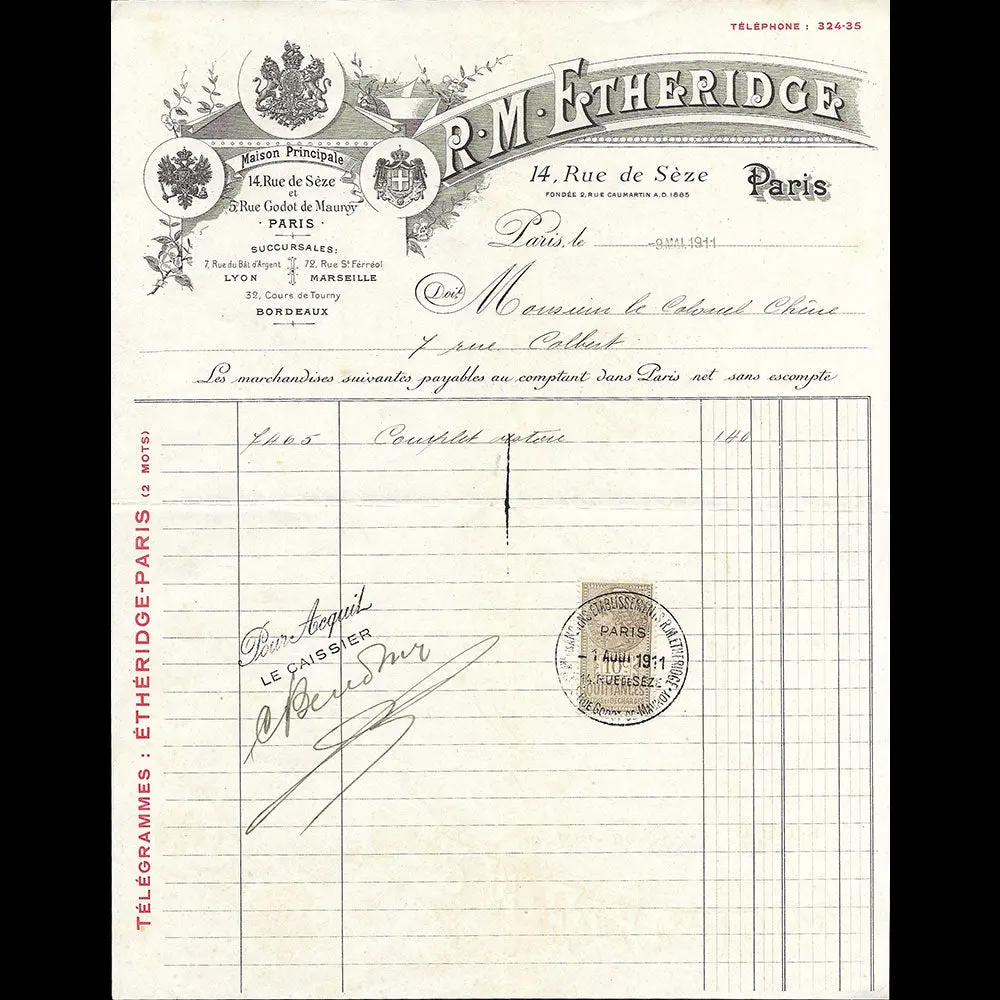 R. M. Etherridge - Facture Du Tailleur, 14 Rue De Sèze À Paris (1911) 1