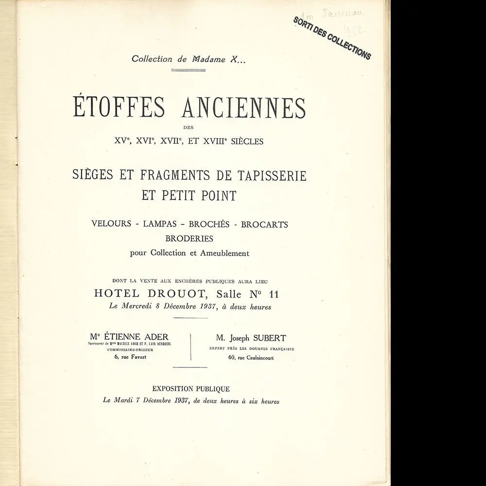 Etoffes Anciennes Des Xve, Xvie, Xviie Et Xviiie Siècles - Catalogue De Vente De La Collection De Madame X (1937) 2