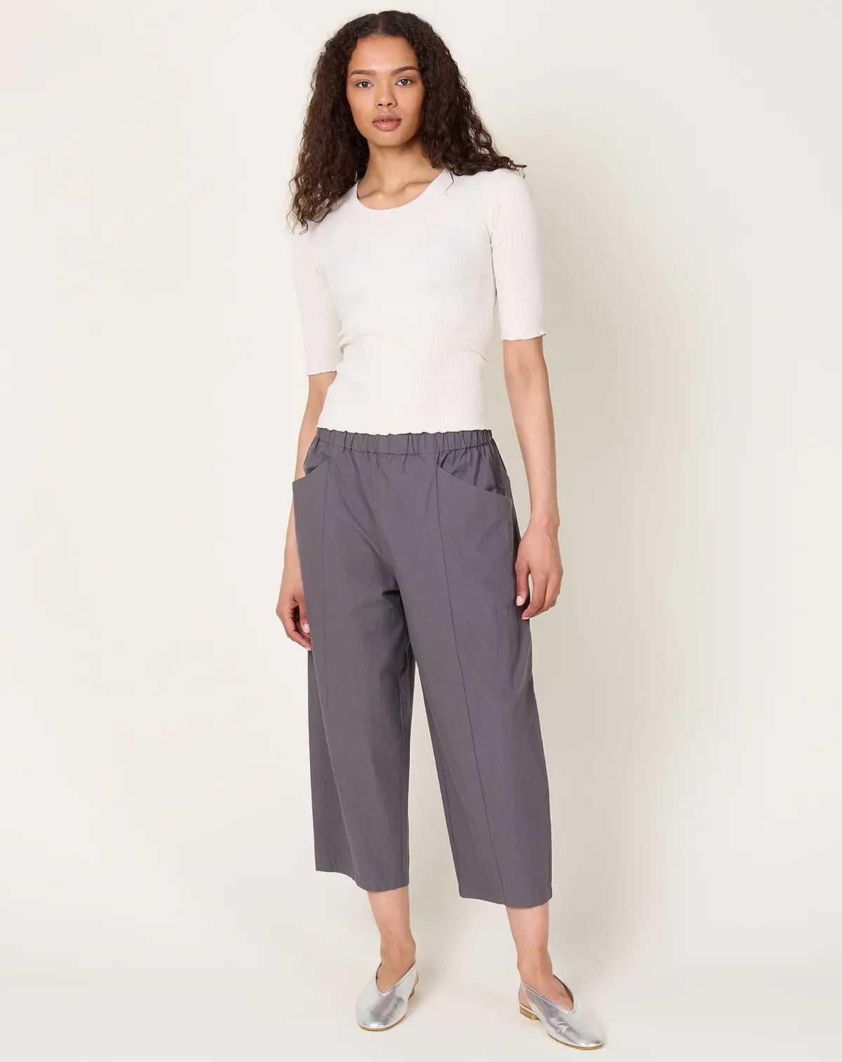 Cotton Cropped Pants In Blue Grey 1