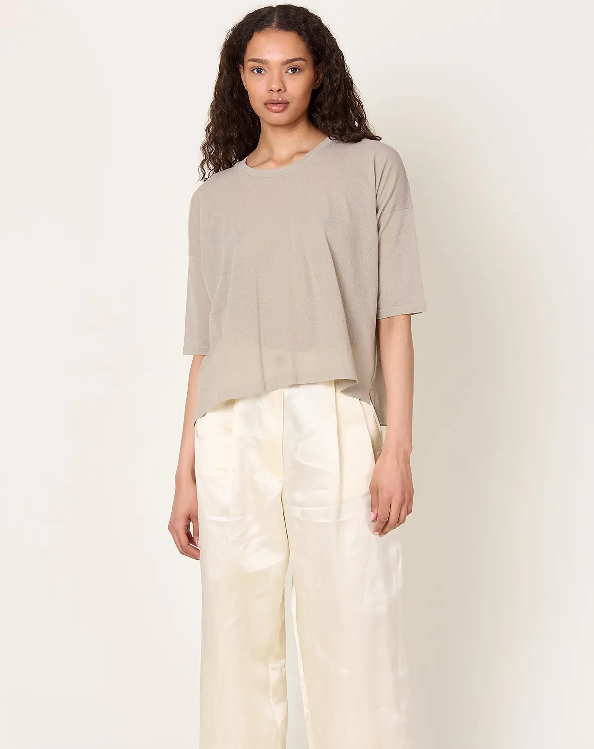 Cotton Half Sleeve Pullover In Beige 1