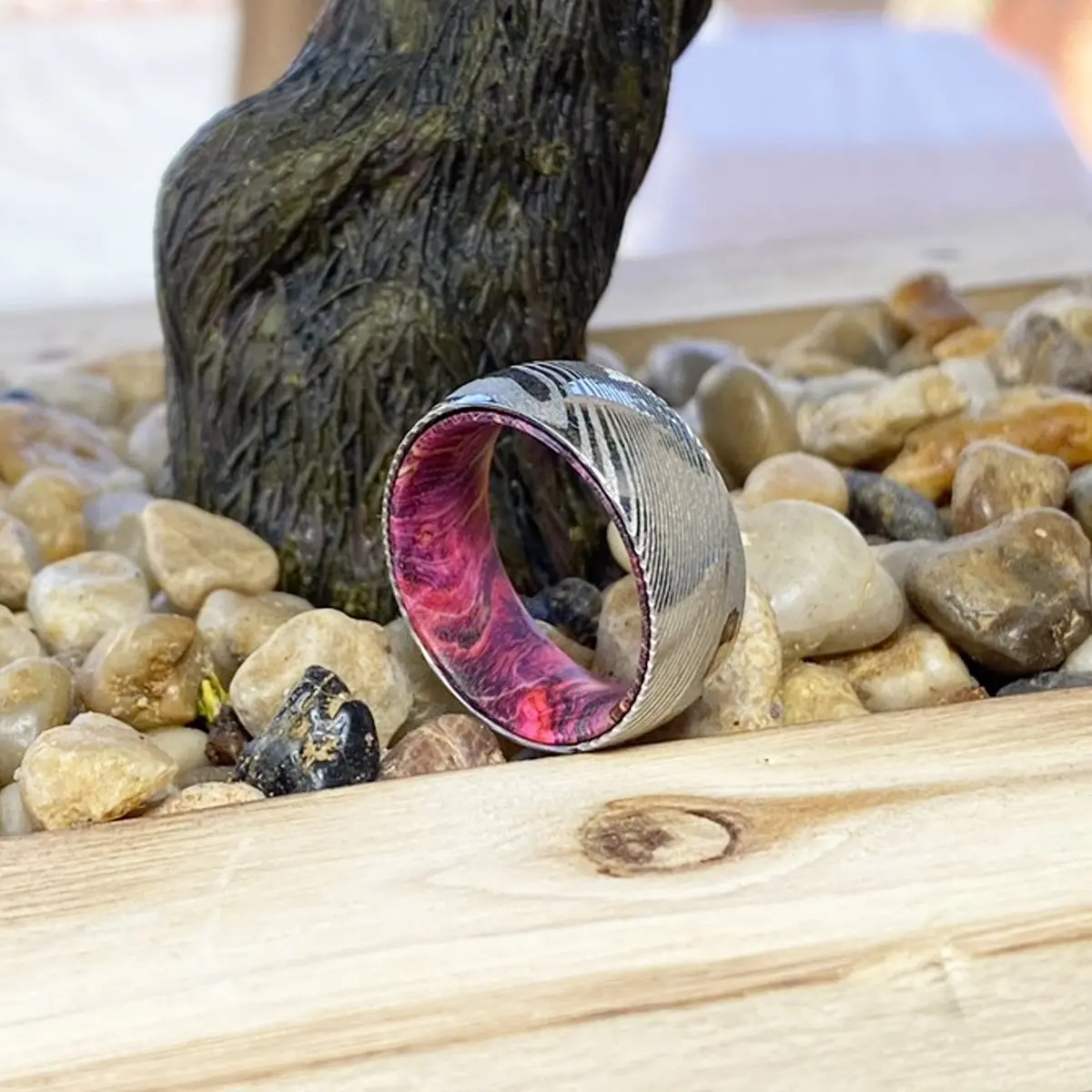 Evans | Green And Red Wood, Silver Damascus Steel, Domed 7