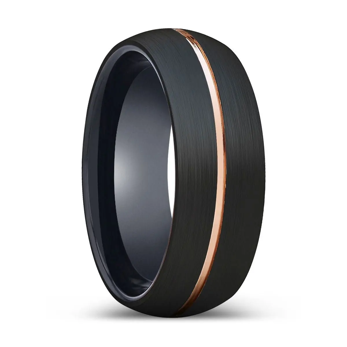 Exholm | Black Ring, Black Tungsten Ring, Rose Gold Groove, Domed 1