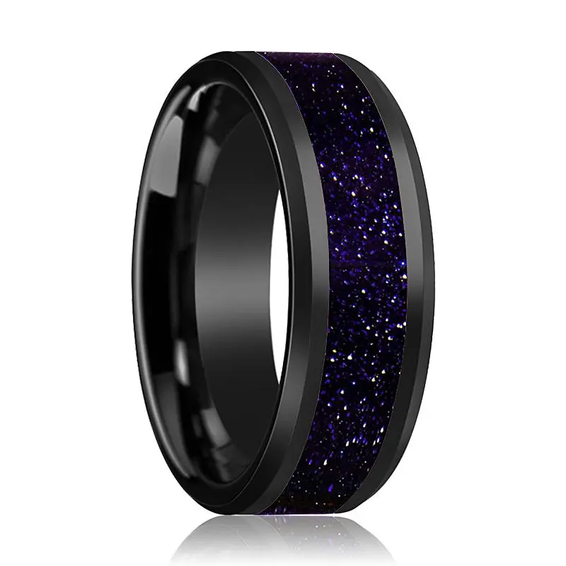 Melo | Black Ceramic Ring, Purple-Gold Stone Inlay, Beveled 1
