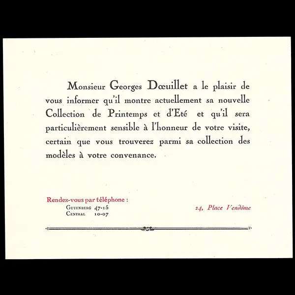 Doeuillet - Carte D'invitation Aux Présentations De La Collection Printemps-Eté 1923 1