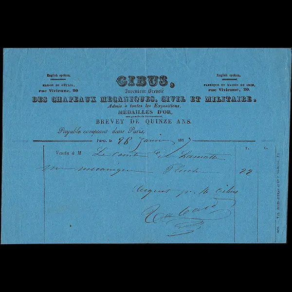Gibus - Facture De La Maison De Chapeaux Mécaniques, Civils Et Militaires, 20 Rue Vivienne À Paris (1863) 1