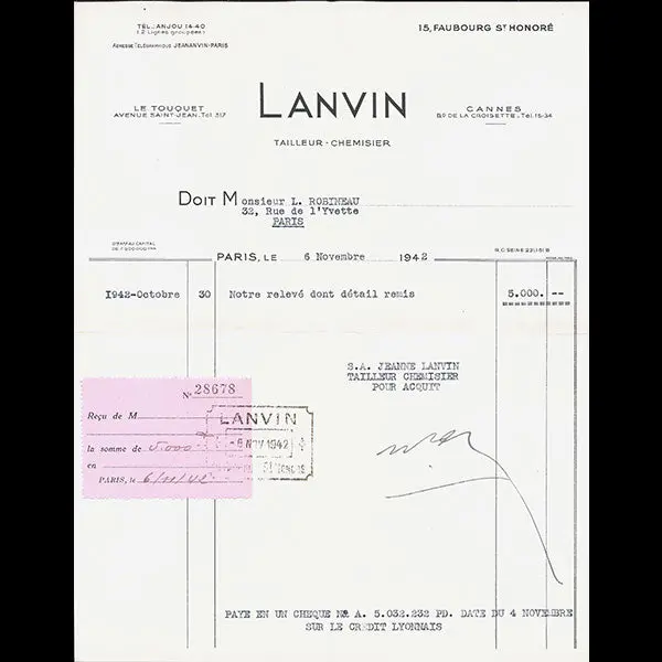 Facture De La Maison Lanvin Tailleur Chemisier, 15 Faubourg Saint-Honoré À Paris (1942) 1