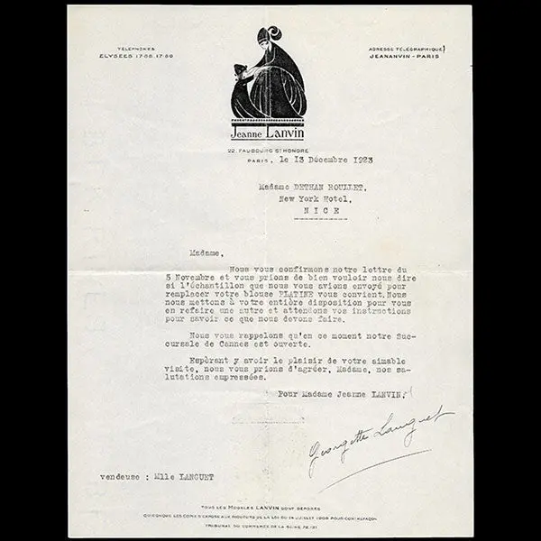 Jeanne Lanvin - Correspondance De La Maison De Couture 22 Faubourg Saint-Honoré (1923) 1