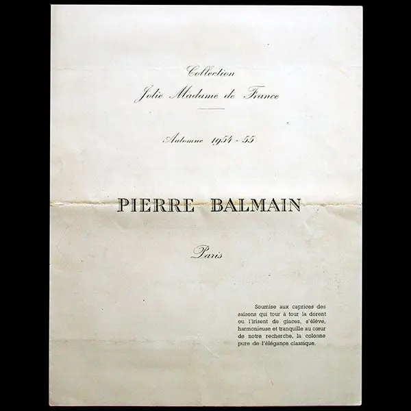 Balmain, Programme De Défilé, Collection Jolie Madame De France De L'automne-Hiver 1954-1955 1