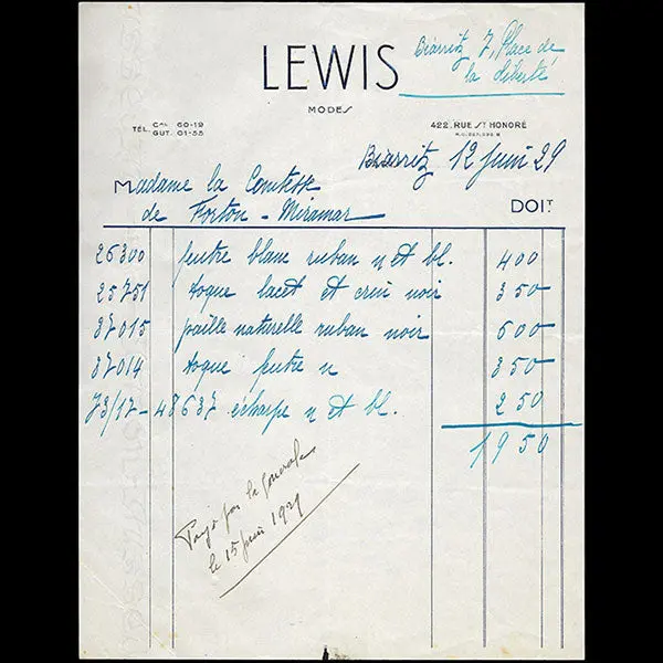 Lewis - Facture De La Maison De Chapeaux, 7 Place De La Mairie À Biarritz (1929) 1