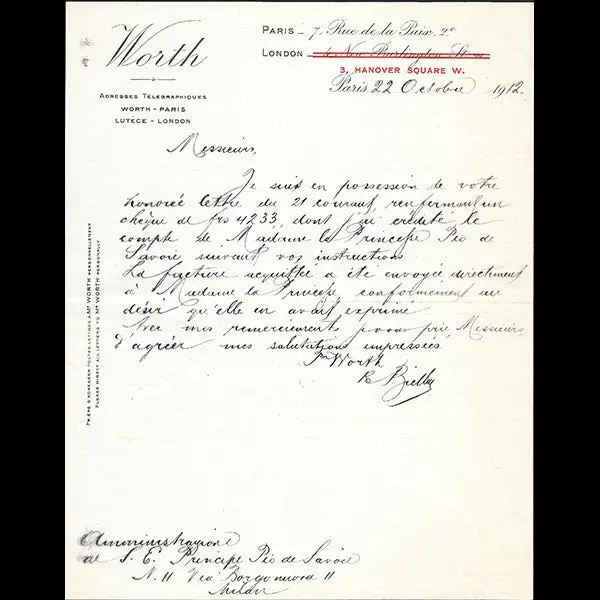 Worth - Courrier Relatif À Une Facture De La Princesse De Savoie, 7 Rue De La Paix, Paris (1912) 1