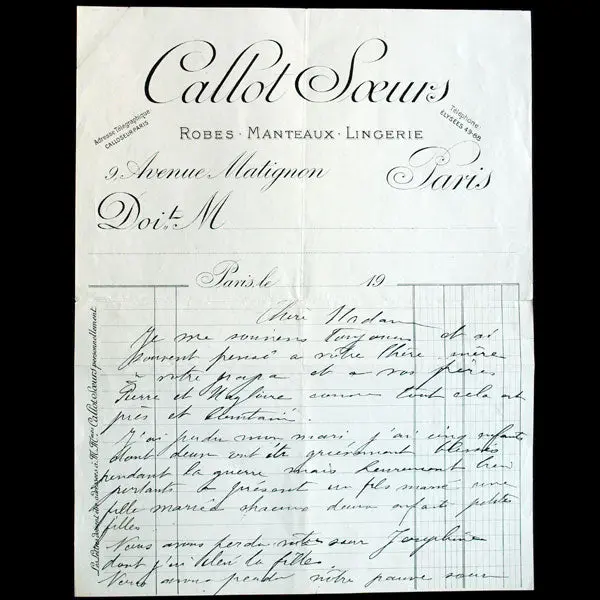 Lettre Autographe Signée De Madame Gerber Des Soeurs Callot (1919) 1
