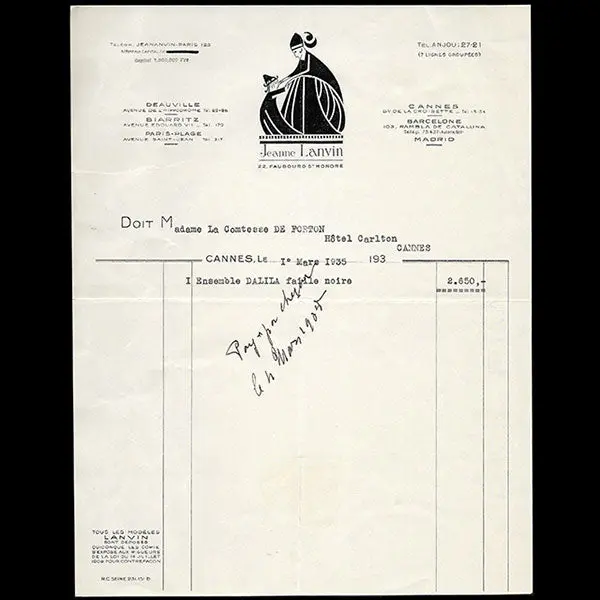 Facture De La Maison Jeanne Lanvin, Cannes (1935) 1