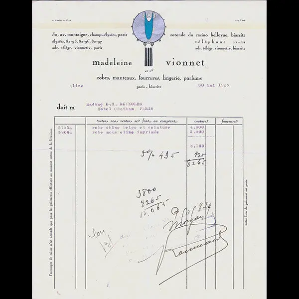 Vionnet - Facture, 50 Avenue Montaigne À Paris (30 Mai 1928) 1