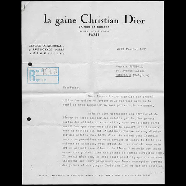 Christian Dior - Lettre Relative À La Stratégie Commerciale Des Gaines Et Gorges (1955) 1
