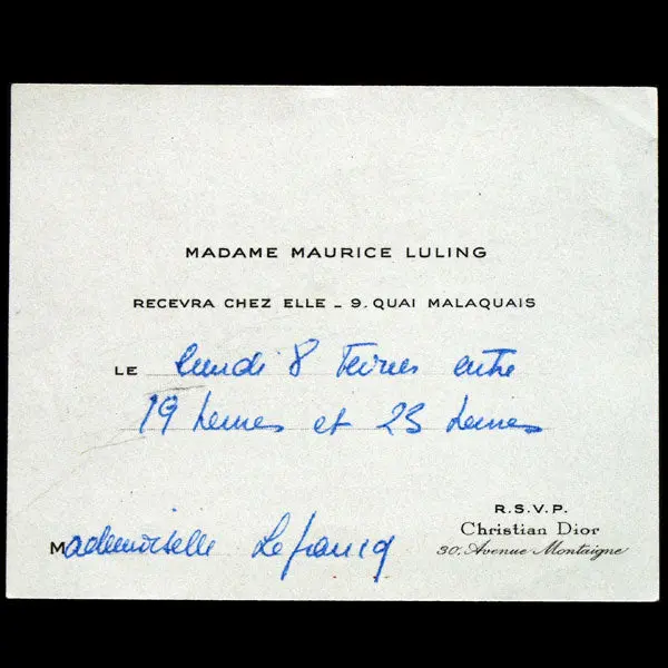 Carton D'invitation De Madame Suzanne Luling De La Maison Christian Dior (Circa 1956) 1