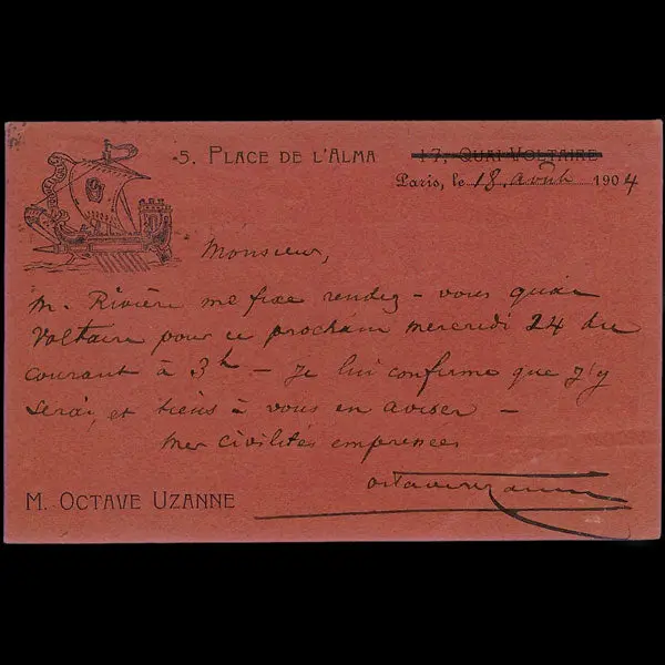 Uzanne - Carte De Correspondance Autographe Signée Du 18 Août 1904 1