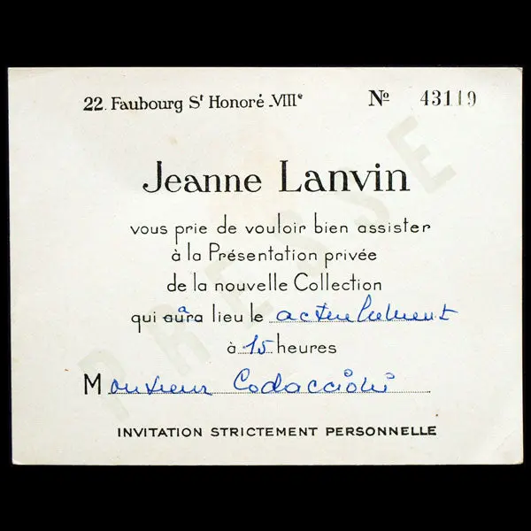 Carton D'invitation À Une Présentation De Collection De Jeanne Lanvin (1940S) 1