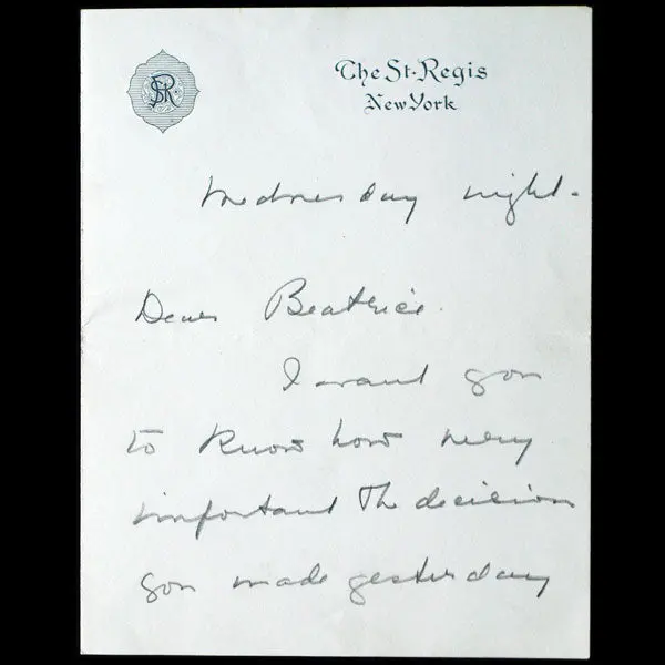 Lettre Autographe Signé De Carmel Snow Sur Papier À En-Tête Du Saint-Regis (Circa 1935) 1