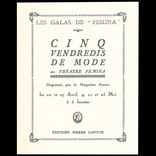 Programme Des Galas De Fémina - Cinq Vendredis À La Mode (1923) 1
