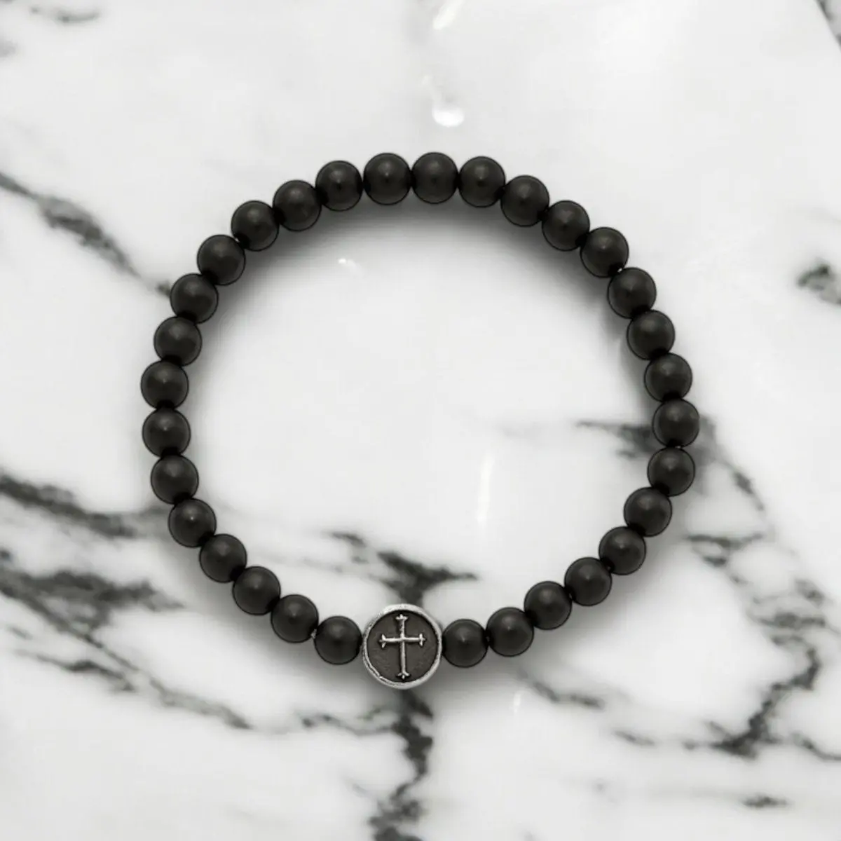 Black Agate Bracelet - Men's Beaded Stretch Fit Wristband With Antiqued Cross Charm 1