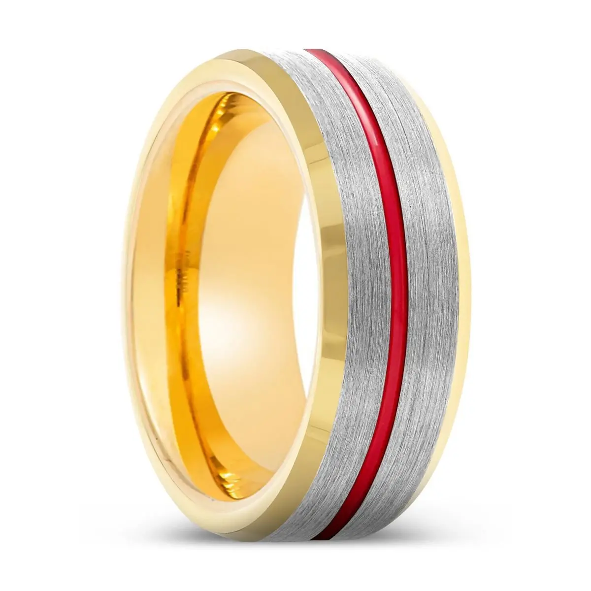 Falcon | Gold Ring, Silver Tungsten Ring, Red Groove, Gold Beveled Edge 1
