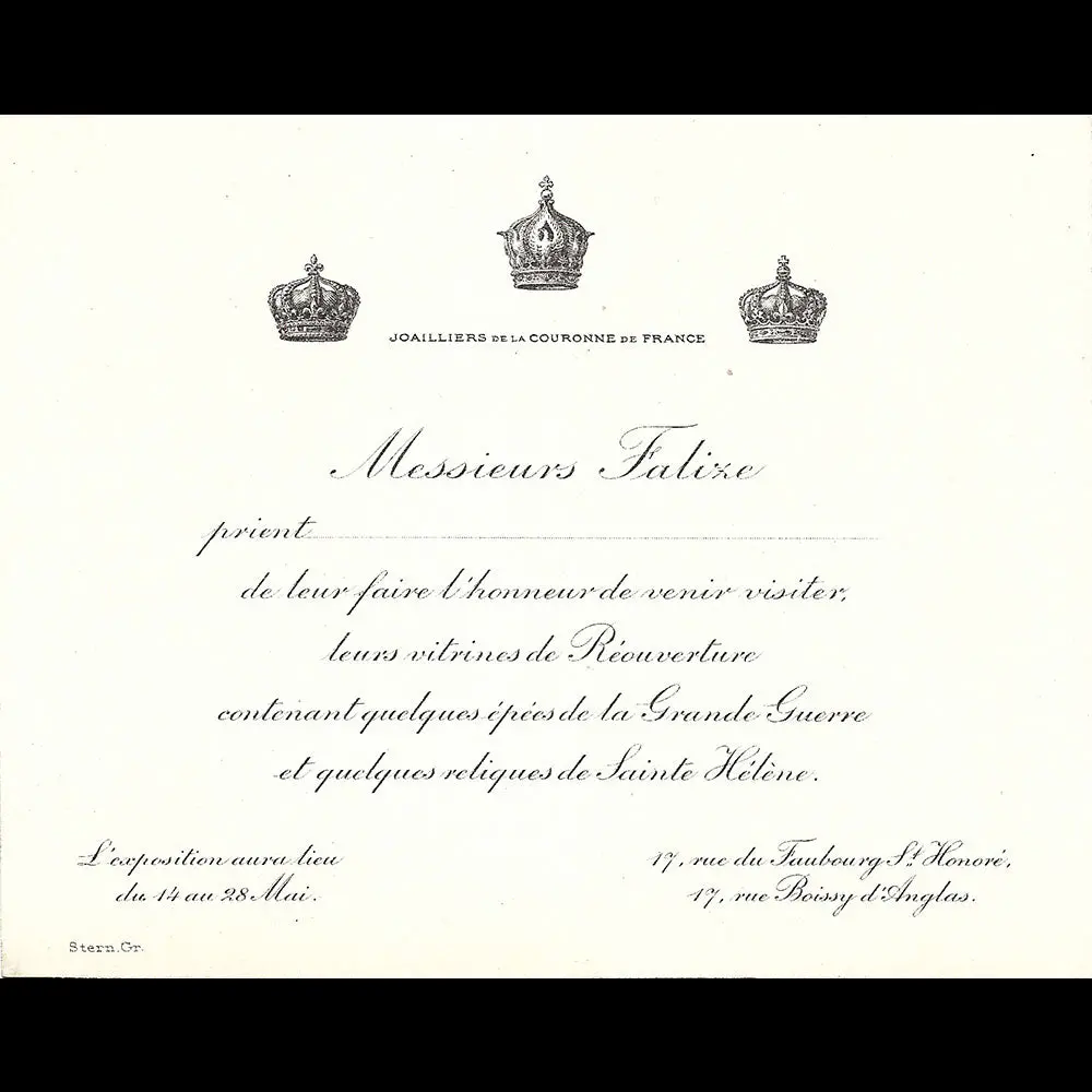 Falize - Carton D'invitation À L'exposition Des Épées De La Grande Guerre Et Des Reliques De Sainte-Hélène (1921) 1