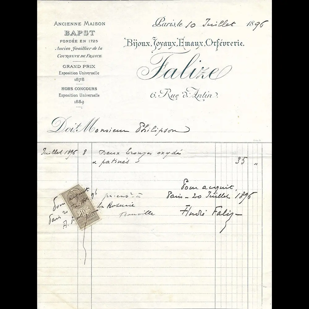 Falize - Facture De La Maison De Joaillerie, 6 Rue D'antin À Paris (1896) 1