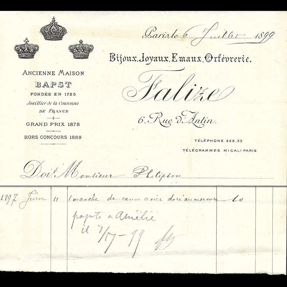 Falize - Facture De La Maison De Joaillerie, 6 Rue D'antin À Paris (1899) 1