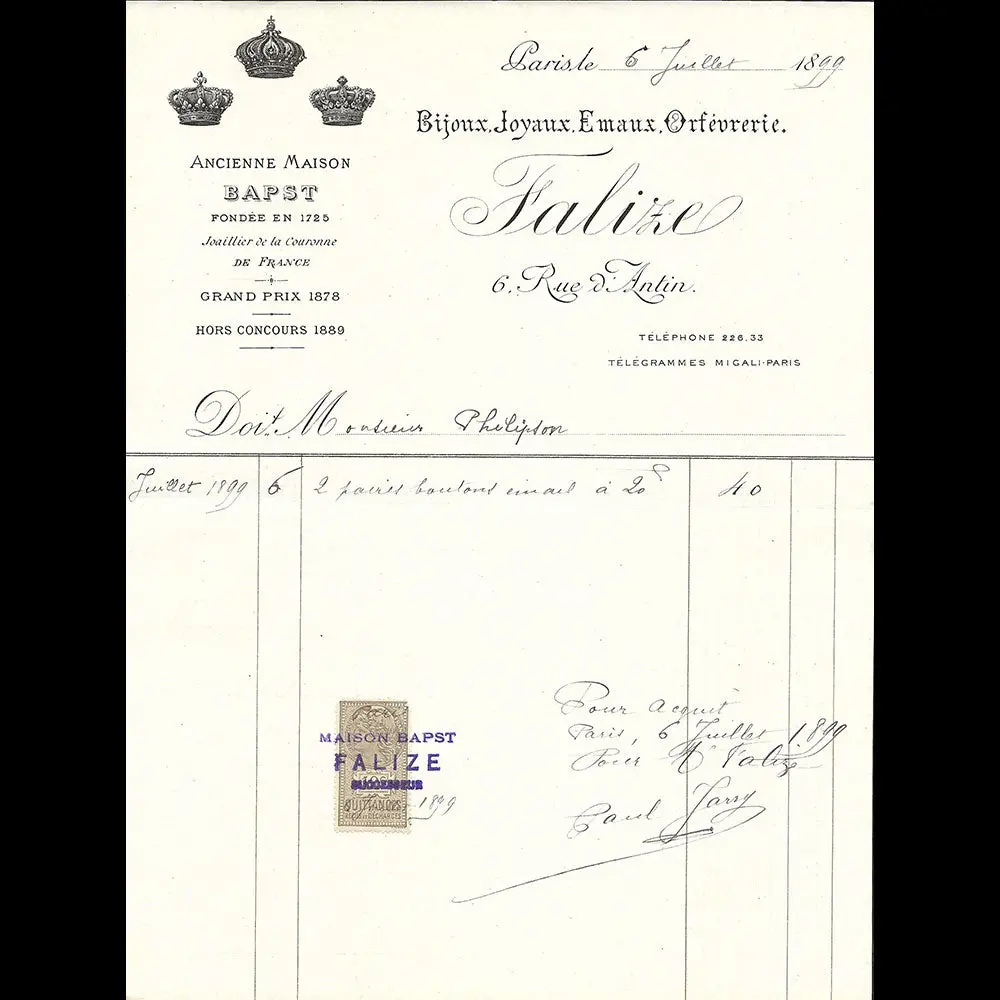 Falize - Facture De La Maison De Joaillerie, 6 Rue D'antin À Paris (1899) 1