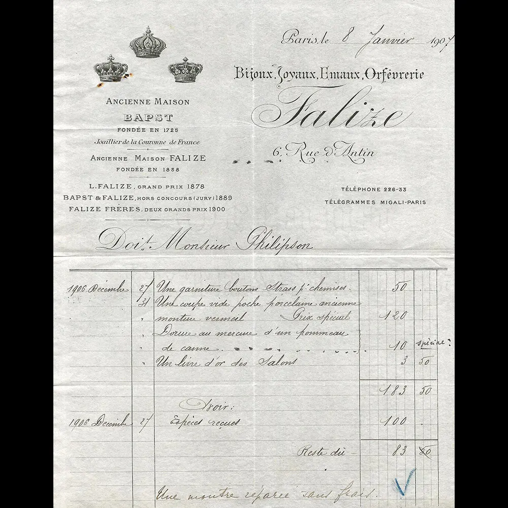 Falize - Facture De La Maison De Joaillerie, 6 Rue D'antin À Paris (1907) 1