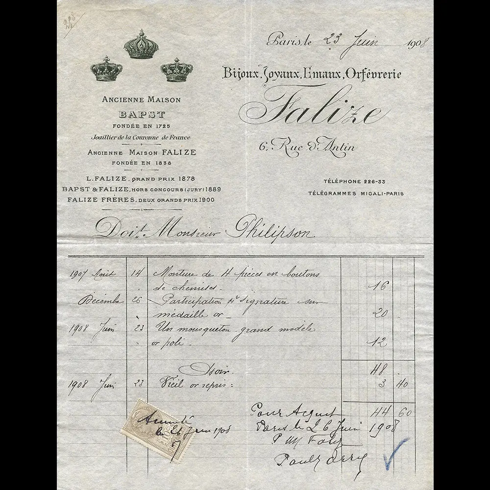 Falize - Facture De La Maison De Joaillerie, 6 Rue D'antin À Paris (1908) 1